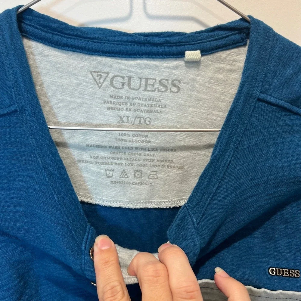 Guess Mens Henley Shirt Slub Knit Pocket Blue XL - Picture 4 of 8